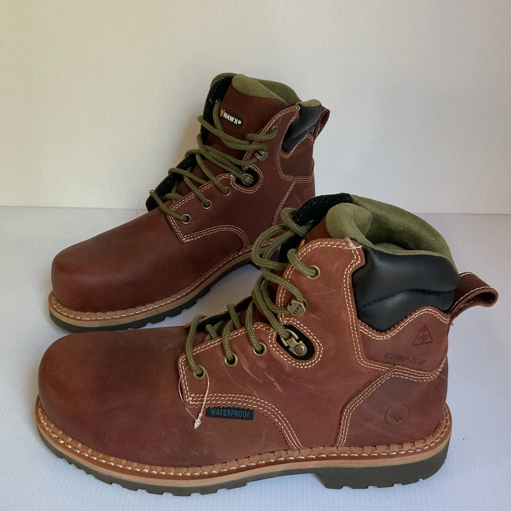 HAWX Men’s 8C Work Boots Waterproof Composite Toe Brown Leather NWOT